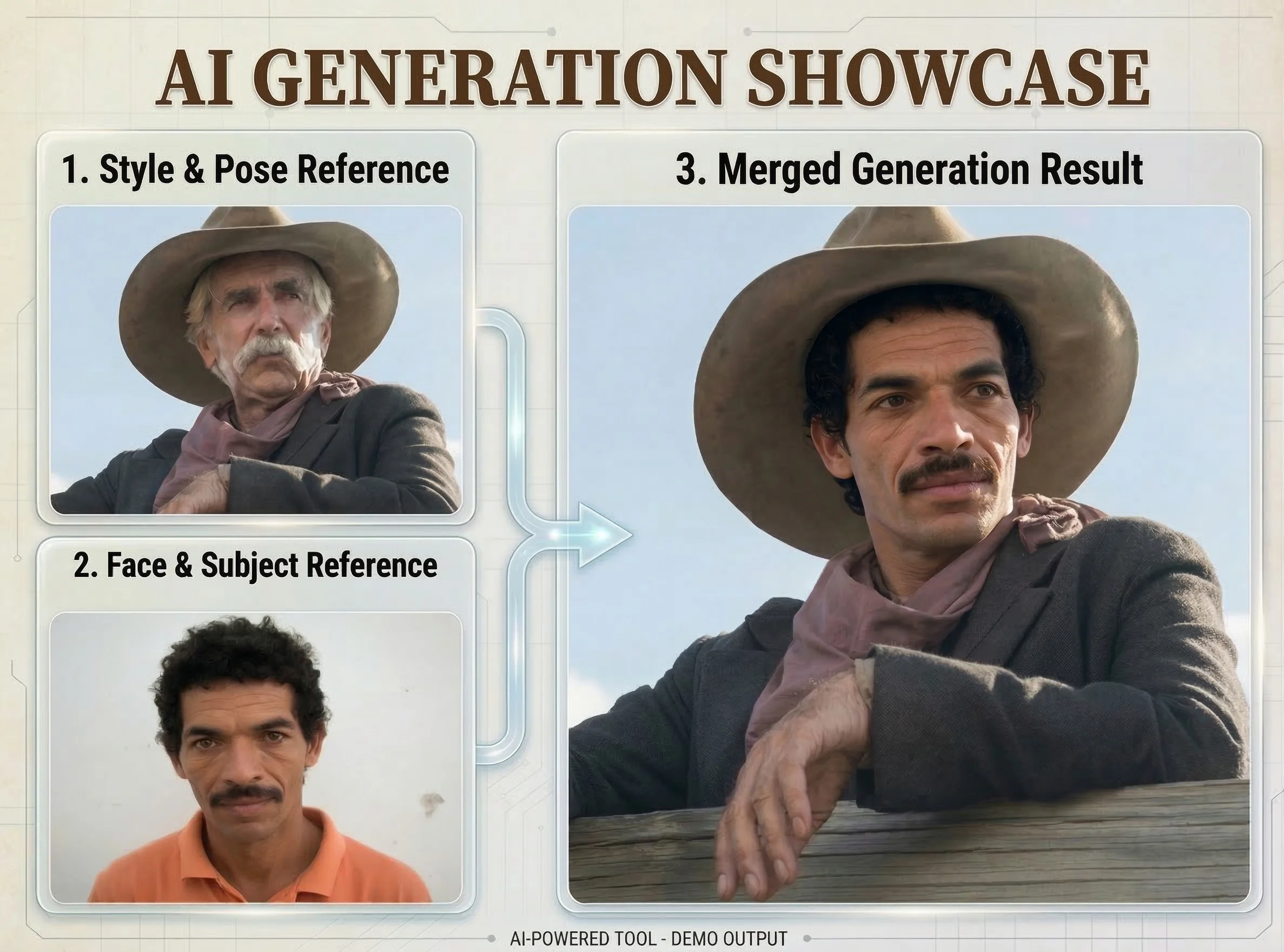 AI generation showcase - style and face merge